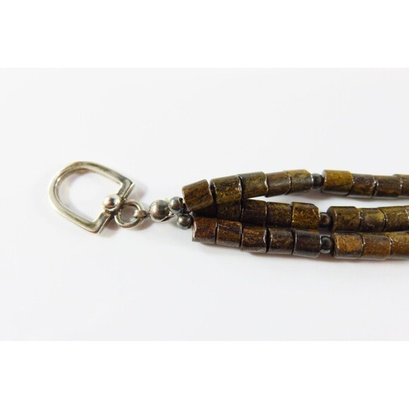 7 1/2" Triple Strand Bronzite 4mm Tube Sterling Silver Beaded Toggle Bracelet - Picture 5 of 12